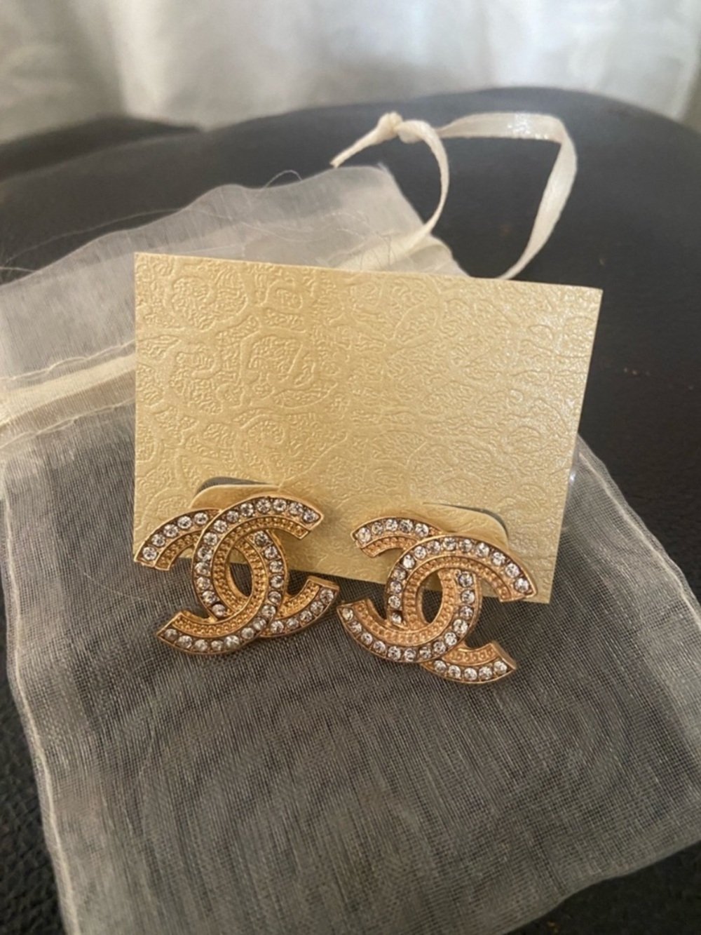 Gold-Tone Crystal Double-C Logo Stud Earrings - Picture 4 of 6